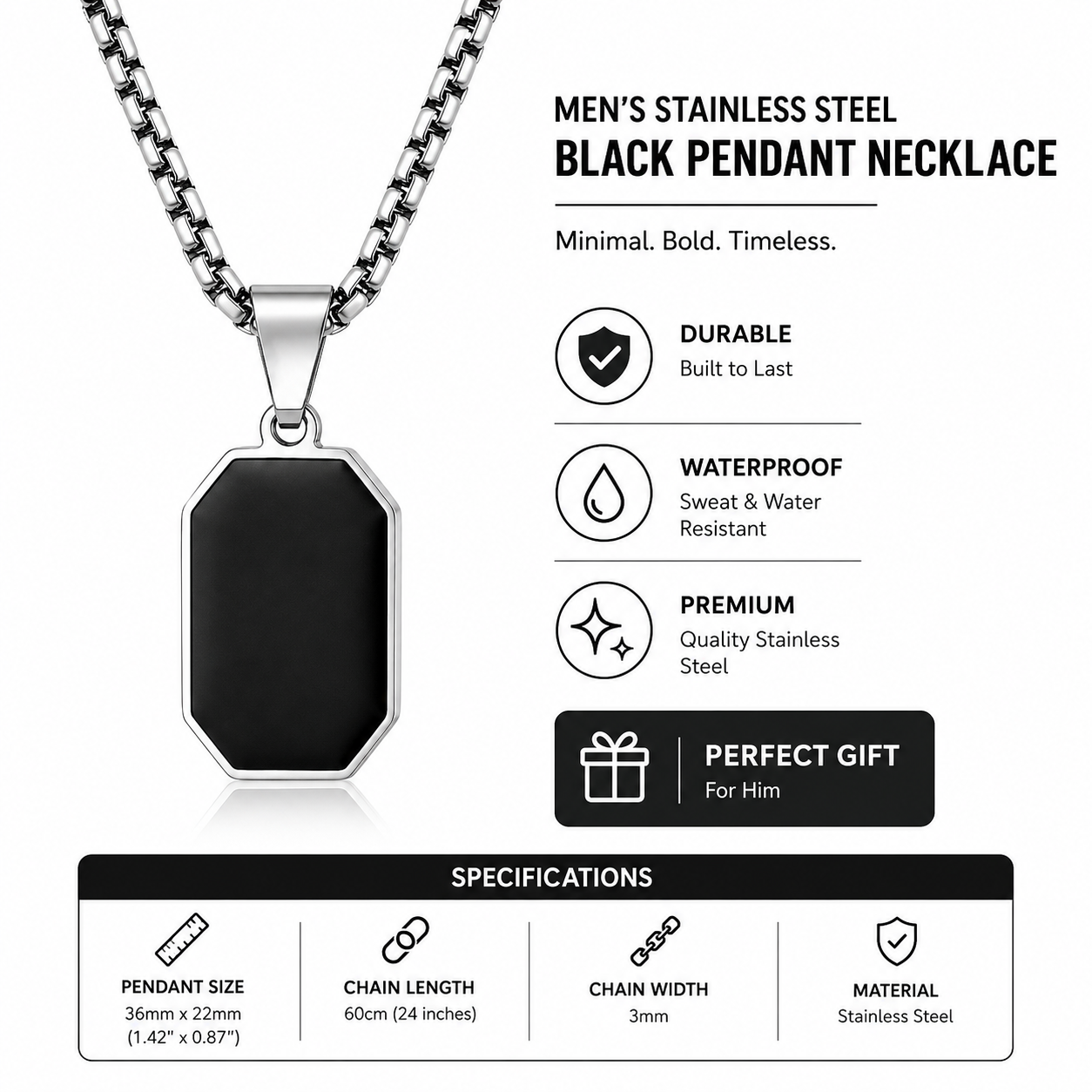 Men's Stainless Steel Black Pendant Necklace
