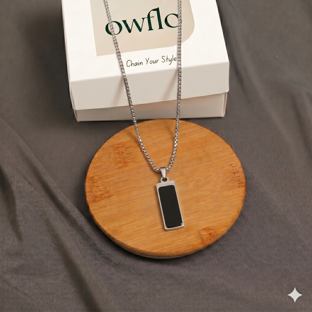 Black Onyx Rectangle Pendant Necklace - Stainless Steel Chain