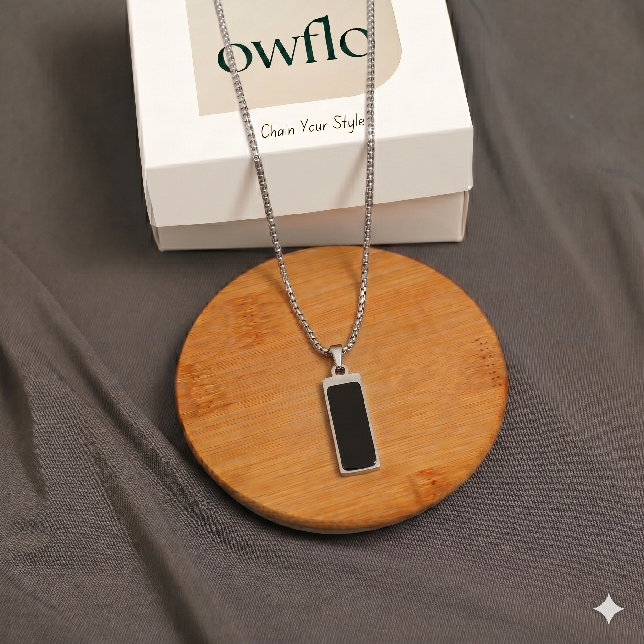 Black Onyx Rectangle Pendant Necklace - Stainless Steel Chain