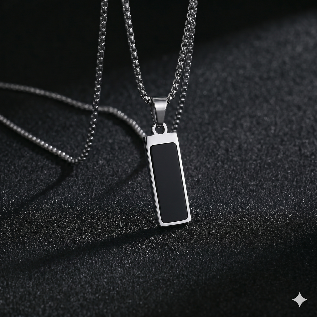Black Onyx Rectangle Pendant Necklace - Stainless Steel Chain