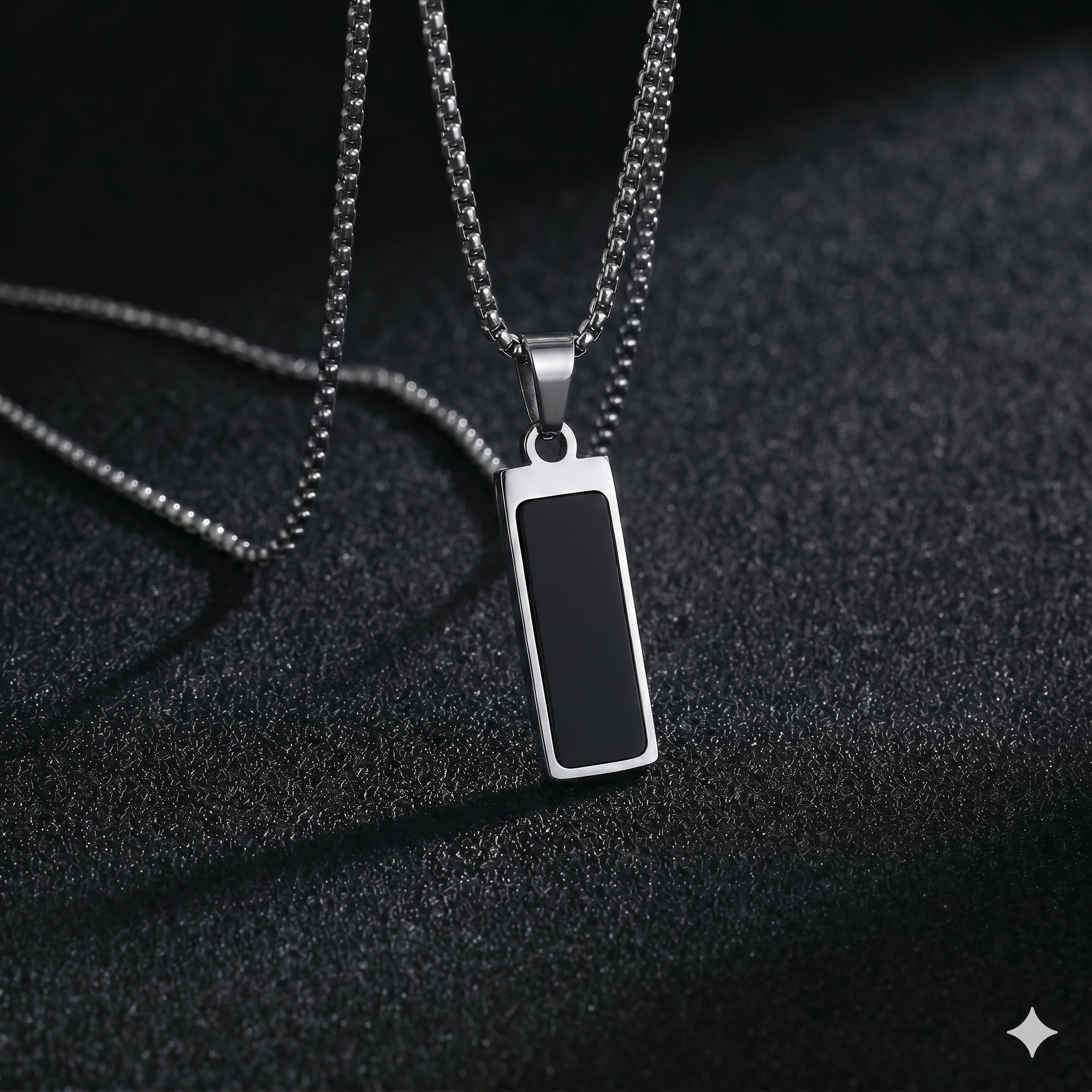 Black Onyx Rectangle Pendant Necklace - Stainless Steel Chain