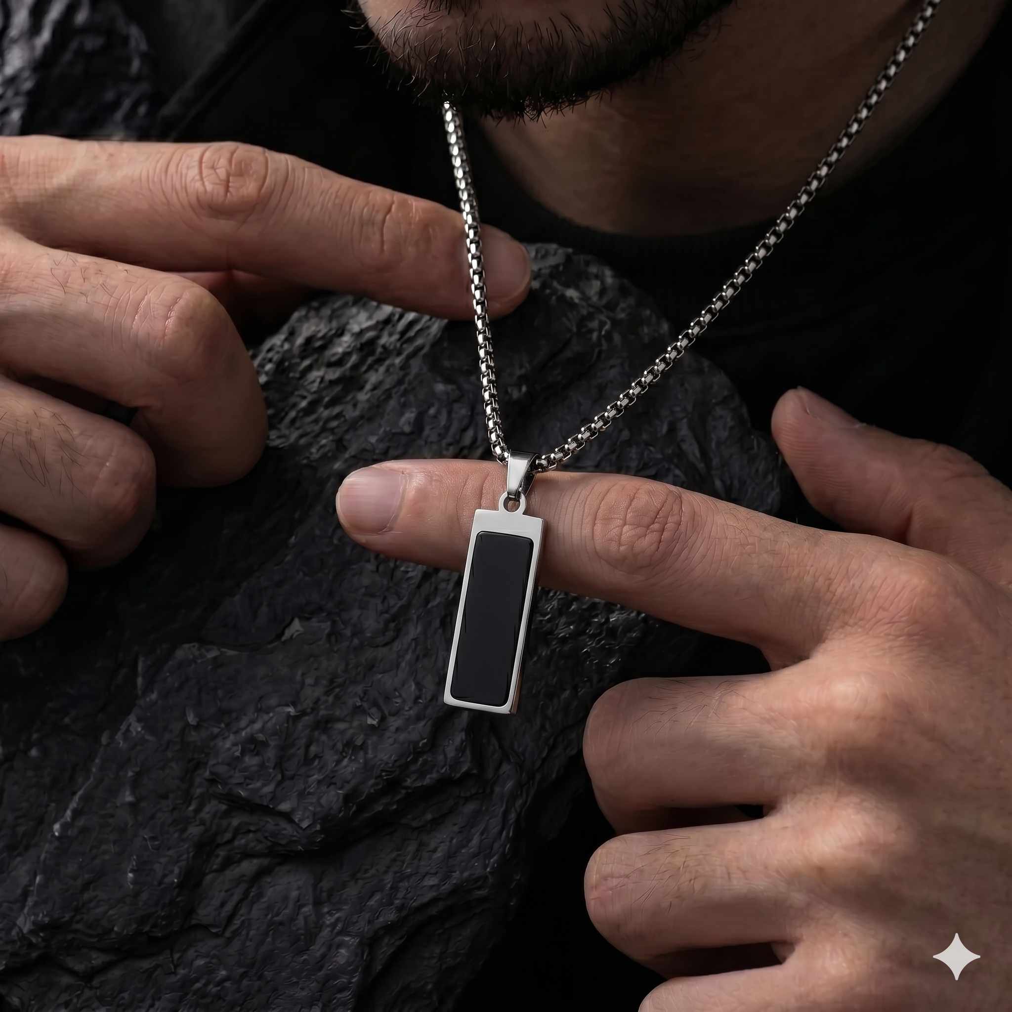 Black Onyx Rectangle Pendant Necklace - Stainless Steel Chain