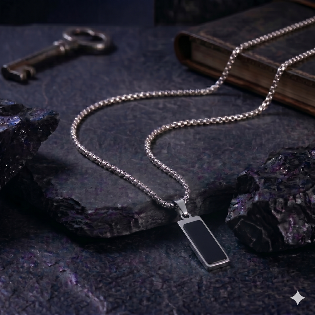 Black Onyx Rectangle Pendant Necklace - Stainless Steel Chain