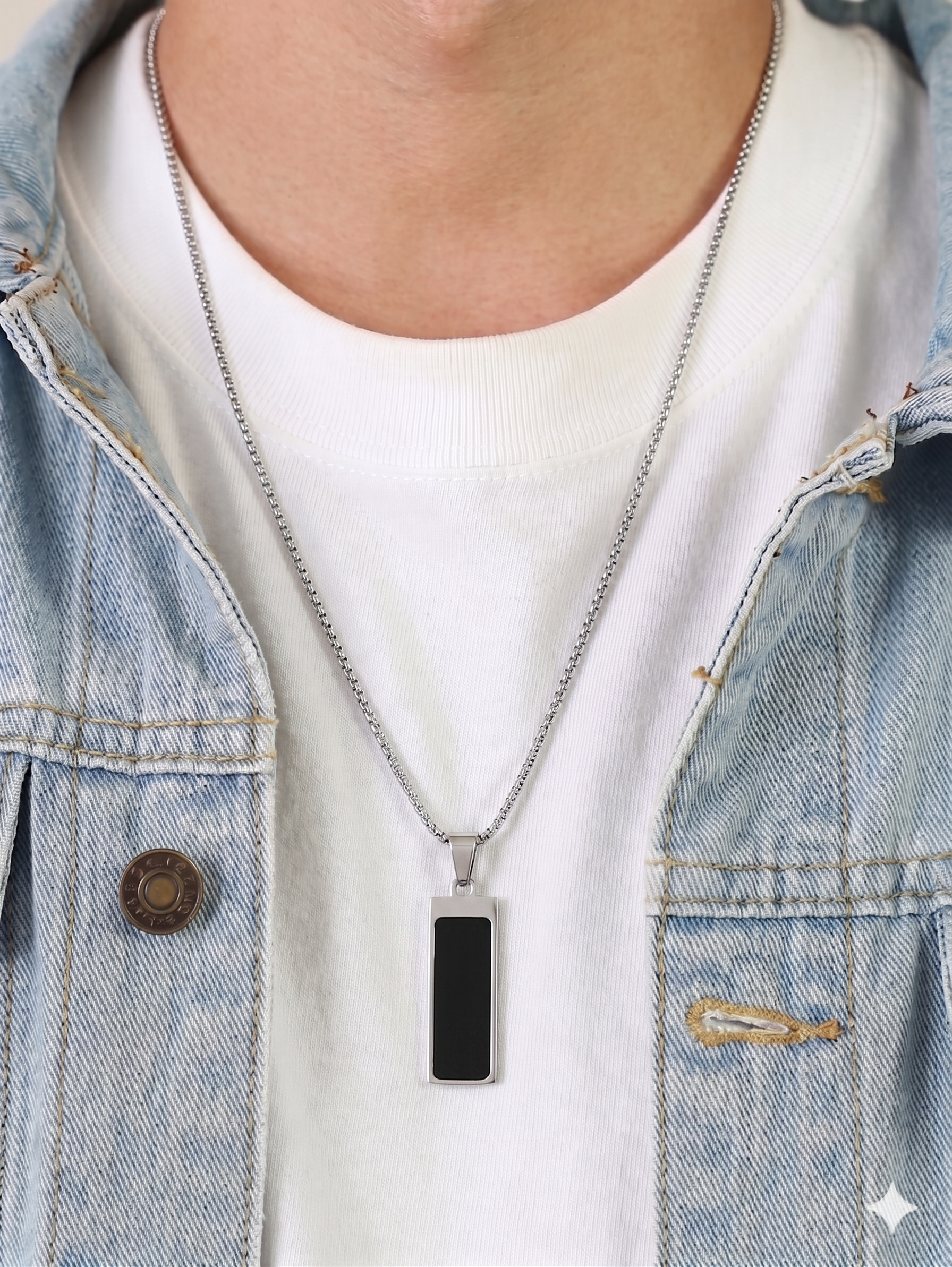 Black Onyx Rectangle Pendant Necklace - Stainless Steel Chain